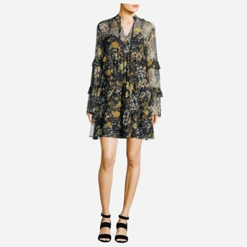 Robert Rodriguez Floral Print Tiered Ruffled Silk Dress S NWOT